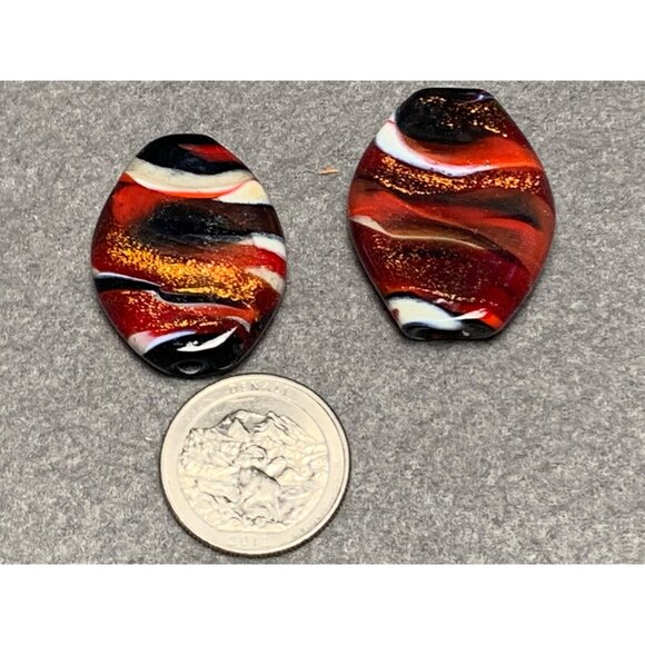 Handcrafted Lampwork Glass Beads - Red Black & Gold Glitter Swirl 2 Pcs Oval Sha - Picture 2 of 6